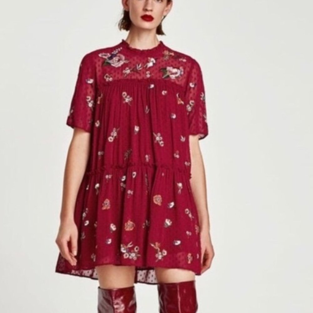 ZARA TIERED EMBROIDED DRESS